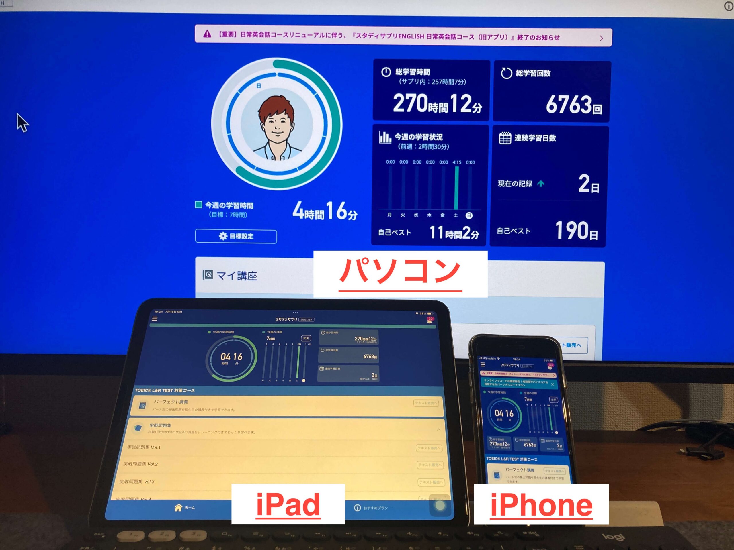 スマホ、タブレット、パソコンでスタサプTOEICを開いた場合